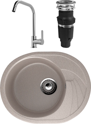 Комплект Мойка кухонная Ulgran U-403 -302 песочная + Смеситель MEGA City MG- ZRV104 хром + Измельчитель Bone Crusher BC 610-AS матовая, овальная