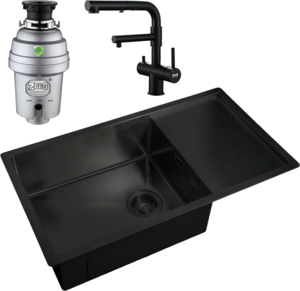 Комплект Мойка кухонная Zorg Light + Смеситель Sanitary SZR-3216 Grafit графит + Измельчитель Inox D брашированная, прямоугольная