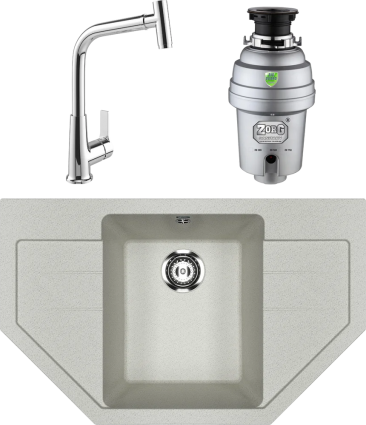 Комплект Мойка кухонная Ulgran U-609 -310 серая + Смеситель MEGA Life MG-TK09 хром + Измельчитель Zorg Inox D матовая, многоугольная
