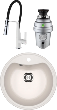 Комплект Мойка кухонная Ulgran U-601 -331 белая + Смеситель Clever Chef 99733 белый, с гибким изливом + Измельчитель Zorg Inox D, матовая, круглая
