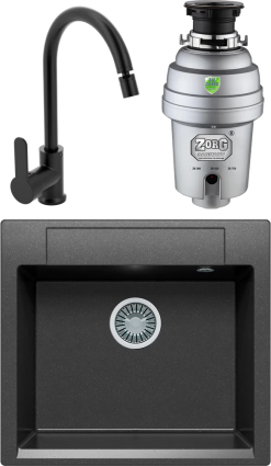 Комплект Мойка кухонная Polygran Argo 560 черная + Смеситель MEGA City MG-ZRV102-b черный + Измельчитель Zorg Inox D матовая, прямоугольная