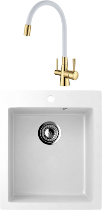 Комплект Мойка кухонная Ulgran U-404 -341 ультра-белая + Смеситель Lemark Comfort LM3075G-White с гибким изливом, золото, белый, матовая, прямоугольная