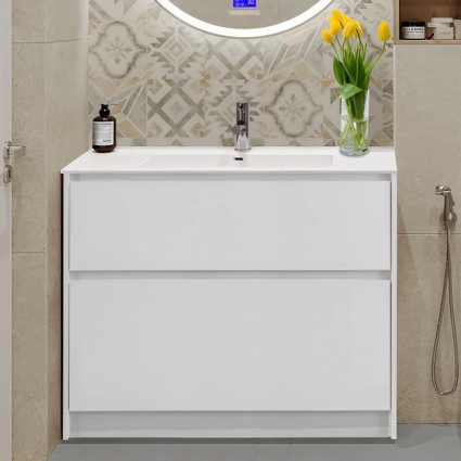 Тумба с раковиной BelBagno Kraft 100 напольная, bianco opaco, раковина BB1000ETL, матовая, с ящиками