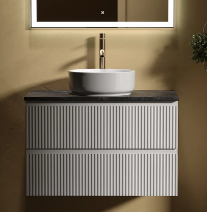 Тумба с раковиной Sancos Snob R 80 см, bianco, столешница черный мрамор, раковина CN5001, подвесная, матовая