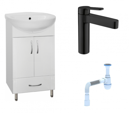 Комплект: Тумба с раковиной Style Line Эко Стандарт №9/1Б 50 + Смеситель BelBagno Delta DEL-LVM-NERO + Сифон АниПласт