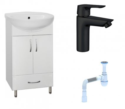 Комплект: Тумба с раковиной Style Line Эко Стандарт №9/1Б 50 + Смеситель Aquanet Static AF330-10B + Сифон АниПласт