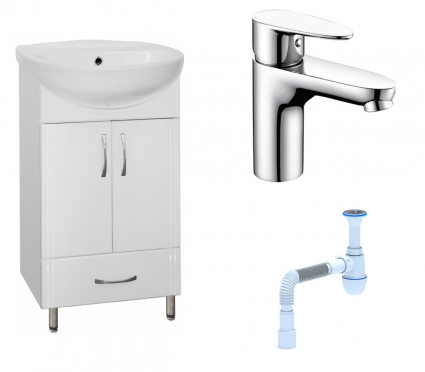 Комплект: Тумба с раковиной Style Line Эко Стандарт №9/1Б 50 + Смеситель Wasserkraft Leine 3503 + Сифон АниПласт