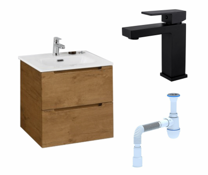 Комплект: Тумба с раковиной BelBagno Etna 39 50 rovere nature + Смеситель Haiba HB10803-7 черный + Сифон АниПласт