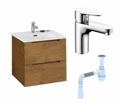 Комплект: Тумба с раковиной BelBagno Etna 39 50 rovere nature + Смеситель Wasserkraft Leine 3503 хром + Сифон АниПласт