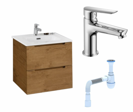 Комплект: Тумба с раковиной BelBagno Etna 39 50 rovere nature + Смеситель Haiba HB10198 хром + Сифон АниПласт