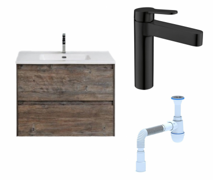 Комплект: Тумба с раковиной BelBagno Kraft 39 60 pino pasadena + Смеситель BelBagno Delta DEL-LVM-NERO черный + Сифон АниПласт
