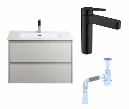 Комплект: Тумба с раковиной BelBagno Kraft 39 50 bianco opaco + Смеситель BelBagno Delta DEL-LVM-NERO черный + Сифон АниПласт
