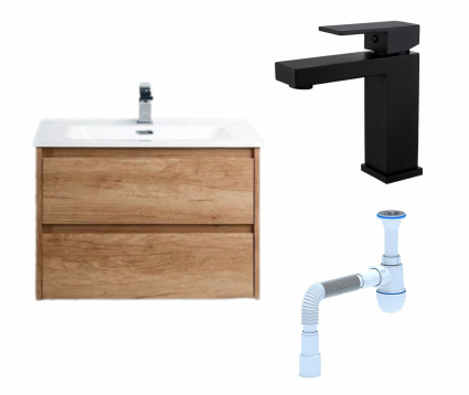 Комплект: Тумба с раковиной BelBagno Kraft 39 60 rovere nebrasca nature + Смеситель Haiba HB10803-7 черный + Сифон АниПласт