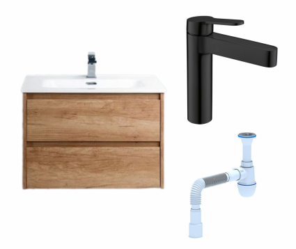 Комплект: Тумба с раковиной BelBagno Kraft 39 60 rovere nebrasca nature + Смеситель BelBagno Delta DEL-LVM-NERO черный + Сифон АниПласт