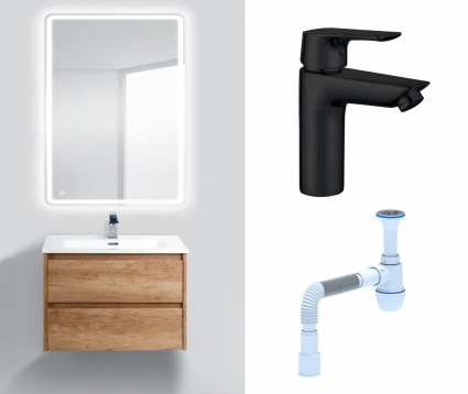 Комплект: Мебель для ванной BelBagno Kraft 39 60 rovere nebrasca nature + Смеситель Aquanet Static AF330-10B черный + Сифон АниПласт