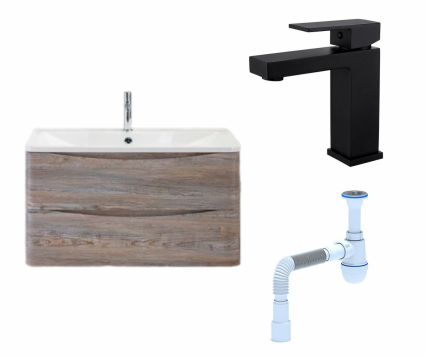 Комплект: Тумба с раковиной BelBagno Acqua 80 pino scania + Смеситель Haiba HB10803-7 черный + Сифон АниПласт