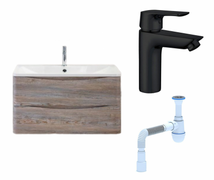 Комплект: Тумба с раковиной BelBagno Acqua 80 pino scania + Смеситель Aquanet Static AF330-10B черный + Сифон АниПласт