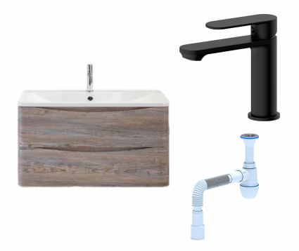 Комплект: Тумба с раковиной BelBagno Acqua 80 pino scania + Смеситель Haiba HB10590-7 черный + Сифон АниПласт