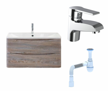 Комплект: Тумба с раковиной BelBagno Acqua 80 pino scania + Смеситель Agger Right A2902100 хром + Сифон АниПласт