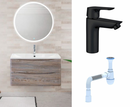 Комплект: Мебель для ванной BelBagno Acqua 80 pino scania + Смеситель Aquanet Static AF330-10B черный + Сифон АниПласт