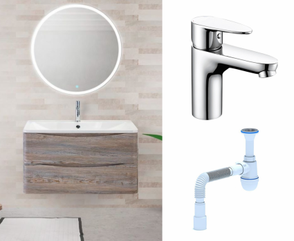 Комплект: Мебель для ванной BelBagno Acqua 80 pino scania + Смеситель Wasserkraft Leine 3503 хром + Сифон АниПласт
