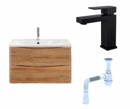 Комплект: Тумба с раковиной BelBagno Acqua 80 rovere rustico + Смеситель Haiba HB10803-7 черный + Сифон АниПласт
