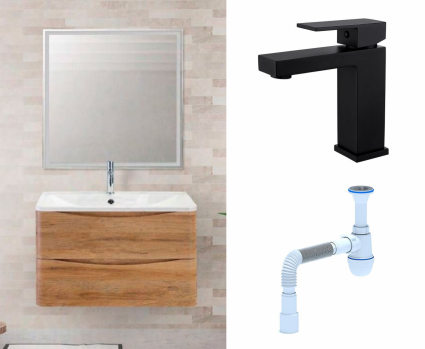 Комплект: Мебель для ванной BelBagno Acqua 80 rovere rustico + Смеситель Haiba HB10803-7 черный + Сифон АниПласт
