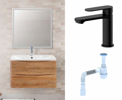 Комплект: Мебель для ванной BelBagno Acqua 80 rovere rustico + Смеситель Haiba HB10590-7 черный + Сифон АниПласт