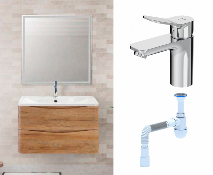 Комплект: Мебель для ванной BelBagno Acqua 80 rovere rustico + Смеситель Am.Pm X-Joy F85A02100 хром + Сифон АниПласт