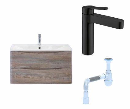 Комплект: Тумба с раковиной BelBagno Acqua 100 pino scania + Смеситель BelBagno Delta DEL-LVM-NERO черный + Сифон АниПласт