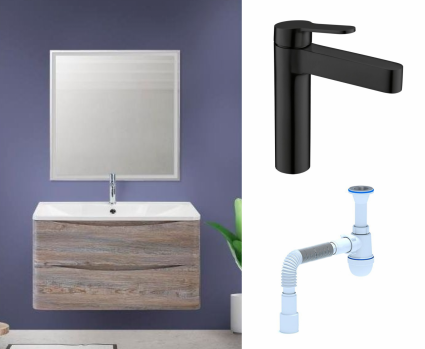 Комплект: Мебель для ванной BelBagno Acqua 100 pino scania + Смеситель BelBagno Delta DEL-LVM-NERO черный + Сифон АниПласт