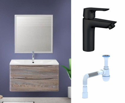 Комплект: Мебель для ванной BelBagno Acqua 100 pino scania + Смеситель Aquanet Static AF330-10B черный + Сифон АниПласт