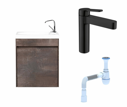 Комплект: Тумба с раковиной BelBagno Pietra Mini 46 L stone + Смеситель BelBagno Delta DEL-LVM-NERO черный + Сифон АниПласт