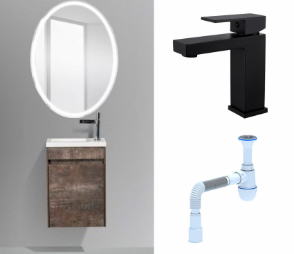 Комплект: Мебель для ванной BelBagno Pietra Mini 46 L stone + Смеситель Haiba HB10803-7 черный + Сифон АниПласт