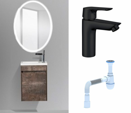 Комплект: Мебель для ванной BelBagno Pietra Mini 46 L stone + Смеситель Aquanet Static AF330-10B черный + Сифон АниПласт