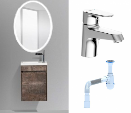 Комплект: Мебель для ванной BelBagno Pietra Mini 46 L stone + Смеситель Bravat Alfa F1120178CP хром + Сифон АниПласт