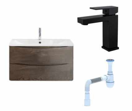 Комплект: Тумба с раковиной BelBagno Acqua 80 robere nature grigio + Смеситель Haiba HB10803-7 черный + Сифон АниПласт