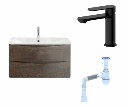 Комплект: Тумба с раковиной BelBagno Acqua 80 robere nature grigio + Смеситель Haiba HB10590-7 черный + Сифон АниПласт