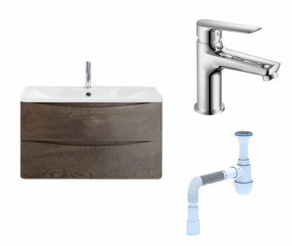 Комплект: Тумба с раковиной BelBagno Acqua 80 robere nature grigio + Смеситель  Haiba HB10198 Хром + Сифон АниПласт