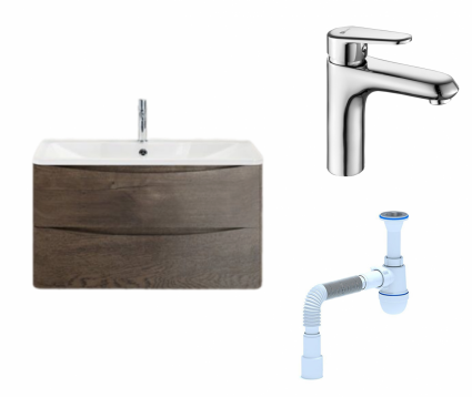 Комплект: Тумба с раковиной BelBagno Acqua 80 robere nature grigio + Смеситель Lemark Point LM0306C Хром + Сифон АниПласт