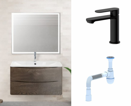 Комплект: Мебель для ванной BelBagno Acqua 80 robere nature grigio + Смеситель Haiba HB10590-7 черный + Сифон АниПласт