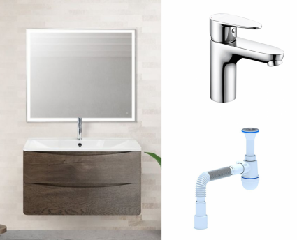 Комплект: Мебель для ванной BelBagno Acqua 80 robere nature grigio + Смеситель Wasserkraft Leine 3503 Хром + Сифон АниПласт