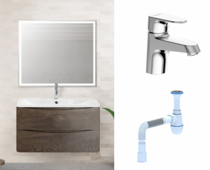 Комплект: Мебель для ванной BelBagno Acqua 80 robere nature grigio + Смеситель Bravat Alfa F1120178CP Хром + Сифон АниПласт