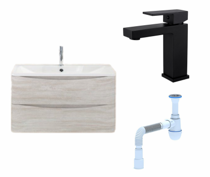 Комплект: Тумба с раковиной BelBagno Acqua 80 rovere vintage bianco + Смеситель Haiba HB10803-7 черный + Сифон АниПласт