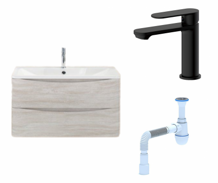 Комплект: Тумба с раковиной BelBagno Acqua 80 rovere vintage bianco + Смеситель Haiba HB10590-7 черный + Сифон АниПласт