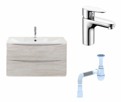 Комплект: Тумба с раковиной BelBagno Acqua 80 rovere vintage bianco + Смеситель Wasserkraft Leine 3503 Хром + Сифон АниПласт