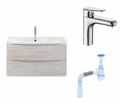 Комплект: Тумба с раковиной BelBagno Acqua 80 rovere vintage bianco + Смеситель Lemark Point LM0306C Хром + Сифон АниПласт