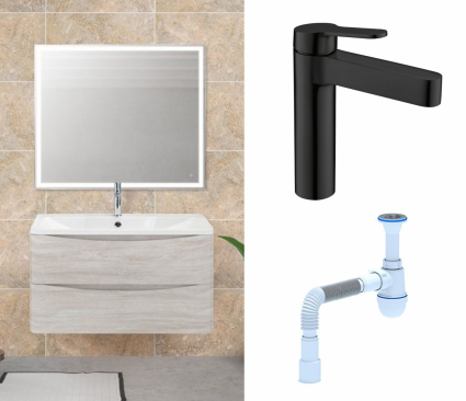 Комплект: Мебель для ванной BelBagno Acqua 80 rovere vintage bianco + Смеситель BelBagno Delta DEL-LVM-NERO черный + Сифон АниПласт