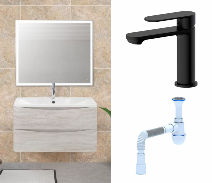 Комплект: Мебель для ванной BelBagno Acqua 80 rovere vintage bianco + Смеситель Haiba HB10590-7 черный + Сифон АниПласт