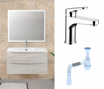 Комплект: Мебель для ванной BelBagno Acqua 80 rovere vintage bianco + Смеситель Bravat Eler F1191238CP-RUS хром + Сифон АниПласт